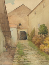 Yard with cobbled path, 1923-1928.