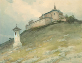 View of Krásna Hôrka Castle, 1923-1928. Medieval building overlooking the village of Krásnohorské