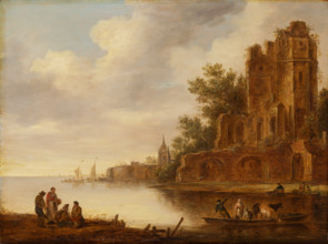 Coastal landscape with ruin, 1635-1646. Ferrying cows across a river.