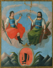 Patron saints of shoemakers, 19th century. Saints Crispin and Crispinian are the Christian patron