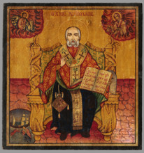 St. Nicholas enthroned, c1837. At bottom left the saint is seen rescuing a man from drowning. Known