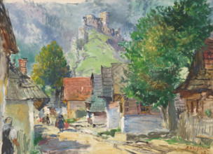 At the foot of Strecno, 1936. Village and ruined castle in northern Slovakia.
