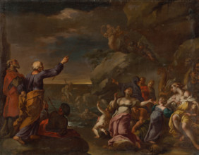 The Israelites cross the Red Sea, 1700-1750. Biblical scene.