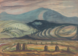 Landscape around Plávnica, 1949. Rural scene in northern Slovakia.