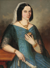 Portrait of a woman in blue, 1854. Woman with ringlets, wearing a black lace shawl, blue pleated