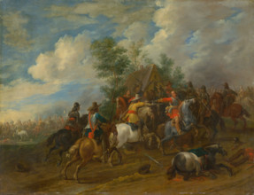 Cavalry skirmish, 1654. Battle scene: two horsemen fire at each other from close range. In the