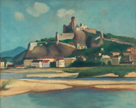 Trencín, 1926. View of the castle and town on the Vah River in western Slovakia.