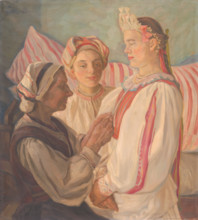 Bride from Helpa, 1935-1936. Women dressing a bride in traditional Slovak costume.