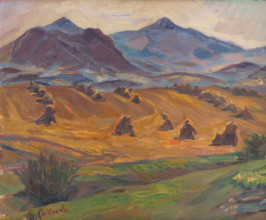 Martinské Hole, c1940. Fields with haystacks, and Fatra mountains in the distance, Slovakia.