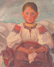 Little girl from Helpa, 1930-1940. Child wearing traditional costume.