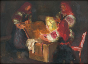 Looking through a hope chest, c1925. A hope chest is a young woman's collection of clothes, linen,