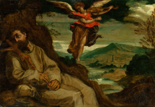 St. Francis comforted by an angel, 1600-1620. The angel plays the violin as Francis reclines with a