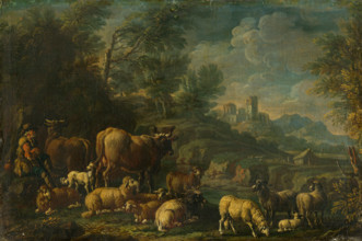 Herdsman with his Herd in Romantic Landscape, last 3rd 18th century.