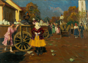 Market in Michalovce I, 1925-1930. Street scene in Slovakia.