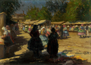 Market in Michalovce II, 1925-1930. Street scene in Slovakia.