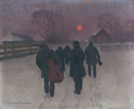 Musicians Returning in the Early Morning through Snowed Landscape, around 1920.