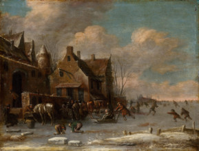 Scene outside an inn in winter, 1681.