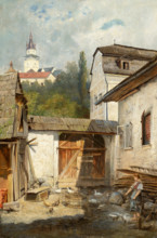 Courtyard in Kremnica, before 1890. Rural scene in Slovakia.