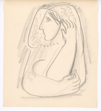 Woman in a flowered scarf supporting her ears, 1938.