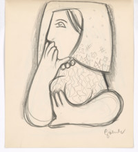 Woman in a flowered scarf with her chin supported, 1938.