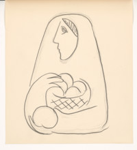 Woman with basket of fruit in her arms, 1938.