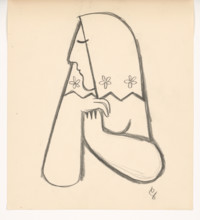 Woman in a flowered scarf with her hands supporting her, 1938.