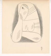 Woman in a striped scarf and a braid with her face supported, 1938.