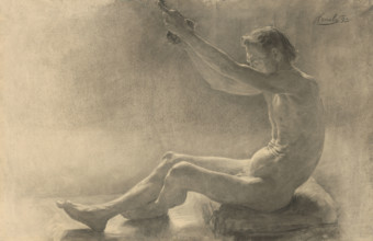 Study of a seated male nude with raised arms, 1893.