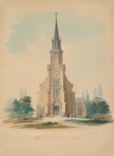 View of a village church in the neo-Gothic style, 1850-1890.