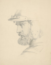 Man's head with a helmet, 1879.