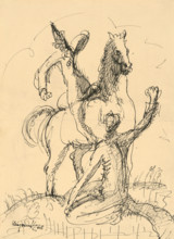 Two clowns with a horse, 1938.