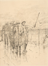 Drunk men walking in the rain, 1880-1900.