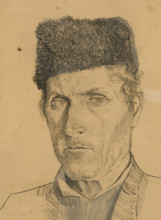 Man's head in a sheepskin coat, 1885-1890.