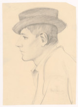 Profile of a young man in a round dark hat, 1880-1910.