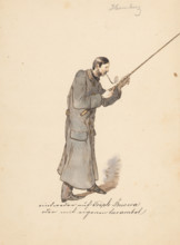 Man in a long military coat with a stick, 1850-1860.