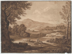 Landscape with ruins and figurative staff, around 1800.