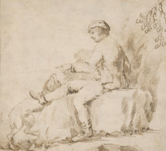 Study of a seated man playing with a dog, around 1600.