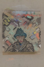 Bust man in a hat with a decorative background, around 1937.