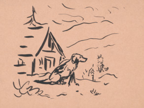 Dog in front of a hut, 1940-1943.