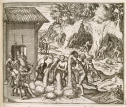 Slaves from Guinea digging for gold and silver in mines, for the Spanish in ..., 1595 (1617?) . Creator: Unknown.