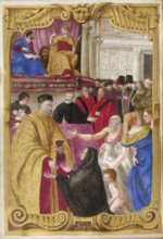 Distribution of alms in a piazza by an elderly official, [Zane?]..., 1568. Creator: Unknown.