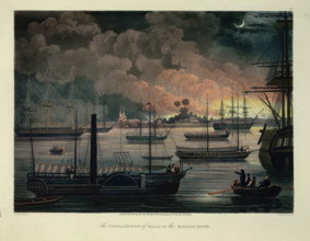 The Conflagration of Dalla on the Rangoon River, 1825. Creator: Joseph Moore.