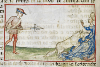 Detail of a tinted drawing of a woman protecting a unicorn, 2nd quarter 15th century. Creator: Anon.