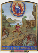 David, in armour, kneeling in penitence before the Almighty with his army, c1452-1460. Creator: Unknown.