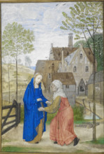Office of Lauds: The Visitation. Mary and Elizabeth in the garden of a country house, 1485-1490. Creator: Unknown.