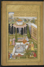 The owner of the garden discovering maidens bathing in the pool..., 1595. Creator: Sanwlah.