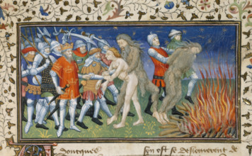 Alexander burns a wild man, early 15th century.  Creator: Unknown.