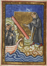 Cuthbert discovers the piece of timber washed up with the tide...last quarter 12th century. Creator: Anon.