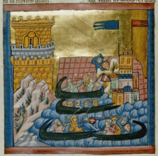 Naval battle between the fleets of Crete and Athens, with troops in a ship..., c1285. Creator: Unknown.