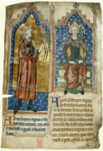 King Stephen standing with a falcon, and King Henry II seated on his throne, c1280-1300.  Creator: Unknown.